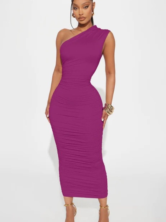 Dresses & Skirts - One-Shoulder Ruched Midi Dress - Magenta